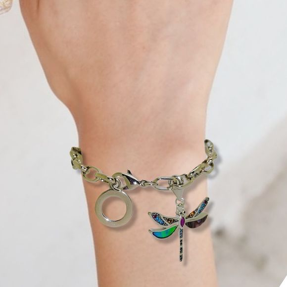 925 Sterling Silver Round Created Ruby Gemstone MOP Dragonfly Charm Bracelet 7" - Picture 7 of 9